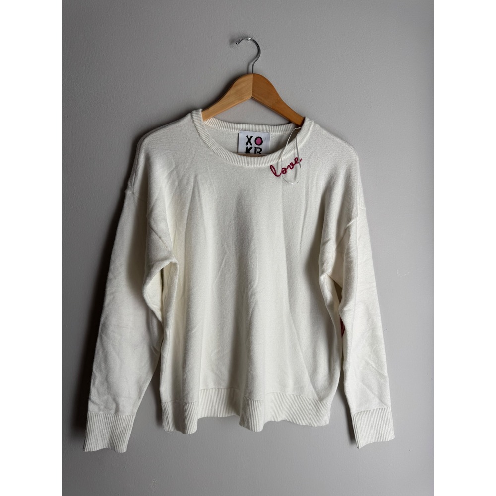 Kerri Rosenthal XOKR Love Embroidered Heart Elbow Patch Cream Sweater NWT